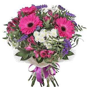 Purple gerbera - 4, Alstromeria lilac, purple - 4, Athos poms Stallion - 3, Blue Statice, Ruscus, Pistachio, Sisal, Ribbon