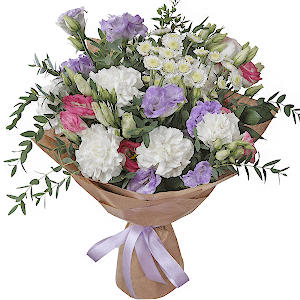 Carnation white, cream - 10, Purple Lisianthus (Eustoma) - 4, Athos poms Stallion - 2, Pink Lisianthus (Eustoma) - 2, Wrapping Paper, Eucalyptus parvifolia (1 pc.)