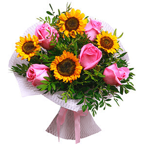 Sunflower - 6, Pink rose 50 cm - 9, Pistachio, Ribbon, Felt