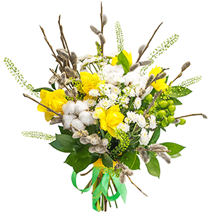 Narcissus - 7, Athos poms Stallion - 3, Bunch of willows, Cotton bud, Green bell (1 pc.), Ruscus, Hypericum, Sisal, Ribbon