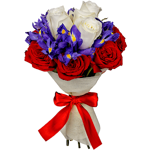 Red rose 50 cm - 8, White rose 50 cm - 5, Irises - 7, Felt, Ribbon