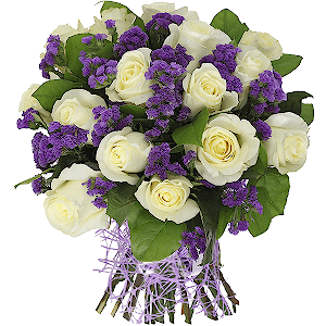 White rose 50 cm - 27, Blue Statice, Salal, Mesh (Abaka), Ribbon