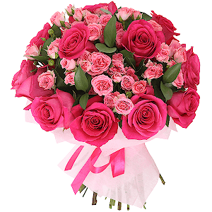 Bright pink spray rose mix, 50 cm - 14, Rose Pink 50 cm Ecuador (Chelo, Hermosa, Novia, Titanik, Engagement, Pink Mondiale) - 15, Ruscus, Wrapping Paper