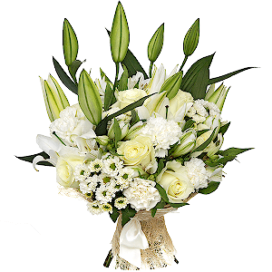 Lilies - 3, White rose 50 cm - 9, Alstromeria white, soft pink - 6, Santini White Spray Chrysanthemum - 5, Carnation white, cream - 5, Sisal, Ribbon