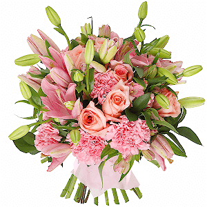Pink rose 50 cm - 10, Pink lily - 4, Pink carnation - 9, Alstromeria white, soft pink - 7, Ruscus, Felt, Ribbon