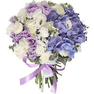Blue/purple hydrangea - 3, lisianthus - 2, Matthiola Lilac - 3, White spray carnation - 6, Purple Lisianthus (Eustoma) - 3, Eucalyptus baby blue (1 pc.), Pistachio, Ribbon