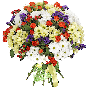 Spray rose: yellow, orange 50 cm - 13, Bacardi White Spray Chrysanthemum - 7, Bacardi Yellow Spray Chrysanthemum - 7, Blue Statice, Hypericum, Sisal, Ribbon