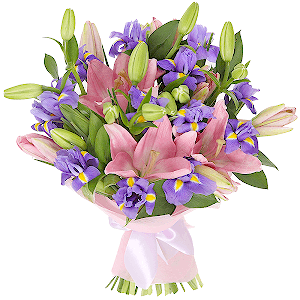 Pink lily - 4, Irises - 19, Ruscus, Felt, Ribbon