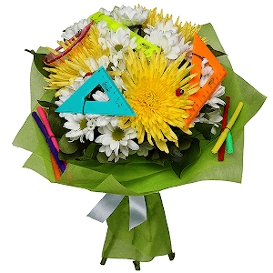 Yellow chrysanthemum  single-headed Anastasia - 5, Bacardi White Spray Chrysanthemum - 7, A set of rulers and markers, Ladybug decorative, 1 pc., Felt, Ribbon