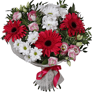 Gerbera red - 5, Bacardi White Spray Chrysanthemum - 4, Pink Lisianthus (Eustoma) - 3, Pistachio, Ruscus, Mesh (Abaka), Ribbon