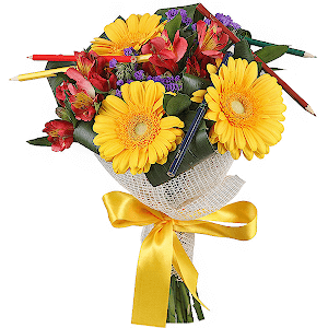 Gerbera yellow - 5, Alstromeria Red, Bright Pink - 4, Blue Statice, Ruscus, Aspidistra (1 pc.), Mesh (Abaka), Ribbon, A set of pencils