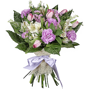 Lilac carnation - 9, Alstromeria white, soft pink - 5, Pink tulip - 9, Pink Statice, Green bell (1 pc.), Fatsia (1 pc.), Ruscus, Sisal, Ribbon