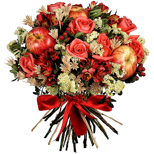 Pink rose 50 cm - 13, Alstromeria Red, Bright Pink - 7, Yellow Statice, Hypericum, Pistachio, Apple, 1 pc., Ribbon, Dried flowers decor