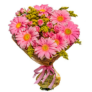 Gerbera pink - 9, Bright pink spray rose mix, 50 cm - 10, Solidago (1 pc.), Sisal, Ribbon