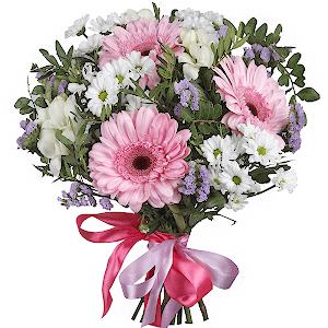 Gerbera pink - 5, Freesia - 5, Bacardi White Spray Chrysanthemum - 7, Blue Statice, Pistachio, Ribbon
