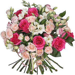 Pink rose 50 cm - 11, Spray rose: white, cream, light pink 50 cm - 13, Pink Lisianthus (Eustoma) - 7, Freesia - 7, Ruscus, Ribbon