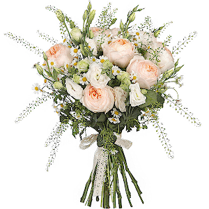 David Austin peonyroses - 13, lisianthus - 8, Chamomile - 7, Green bell (1 pc.), Ribbon