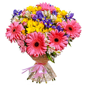 Bright pink spray rose mix, 50 cm - 7, Gerbera pink - 7, Bacardi Yellow Spray Chrysanthemum - 5, Irises - 10, Alstromeria white, soft pink - 6, Sisal, Ribbon