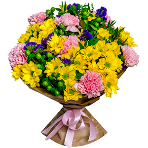 Bacardi Yellow Spray Chrysanthemum - 8, Pink carnation - 9, Blue Statice, Hypericum, Pistachio, Wrapping Paper, Ribbon