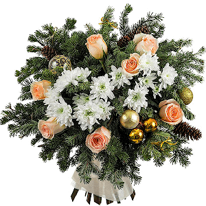 Pink rose 50 cm - 13, Baltica White Spray Chrysanthemum - 4, Felt, Ribbon, Spruce branches (1pc.), Christmas decor (set)