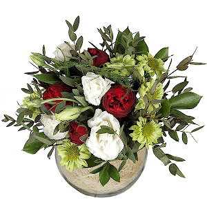 lisianthus - 1, Athos poms Green Lizard - 2, Spray peony rose  - 2, Eucalyptus parvifolia (1 pc.), Ruscus, Oasis, Sisal, Asparagus setaceus (1 pc.), Transparent vase