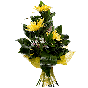 Alstromeria lilac, purple - 4, Yellow chrysanthemum  single-headed Anastasia - 5, Aspidistra (1 pc.), Fatsia (1 pc.), Ruscus, Felt, Ribbon
