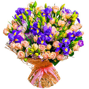 Spray rose: white, cream, light pink 50 cm - 14, Irises - 15, Purple Lisianthus (Eustoma) - 8, Mesh (Abaka), Ribbon