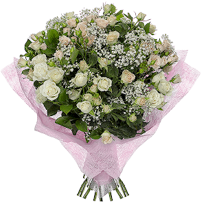 Spray rose: white, cream, light pink 50 cm - 25, Gypsophila - 3, Ruscus, Felt, Ribbon