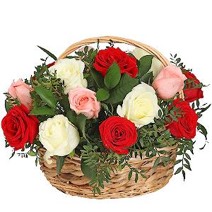 Red rose 50 cm - 8, White rose 50 cm - 6, Pink rose 50 cm - 7, Ruscus, Pistachio, Oasis, Medium Basket