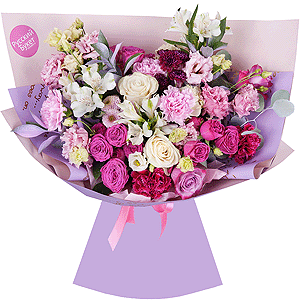 White rose 50 cm - 4, Deep Purple rose - 3, Alstromeria white, soft pink - 4, Pink Lisianthus (Eustoma) - 3, Pink carnation - 6, Daisy poms Santini pink, purple - 2, Bright pink spray rose mix, 50 cm - 4, Ruscus, Eucalyptus populus (1 pc.), Wrapping Paper
