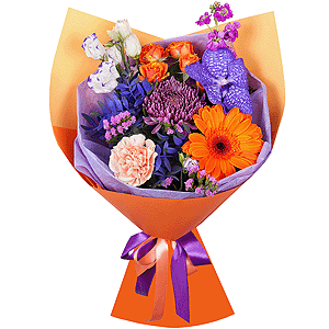Chrysanthemum Bigoudi purple - 1, Spray rose: yellow, orange 50 cm - 2, Carnation white, cream - 3, Matthiola Lilac - 2, Gerbera daisies - 1, Vanda Orchid bud - 2, Purple Lisianthus (Eustoma) - 2, Flask for orchids, Pistachio, Wrapping Paper, Pink Statice