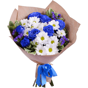 Rose blue - 9, Bacardi White Spray Chrysanthemum - 4, Pittosporum, Blue Statice, Wrapping Paper, Ribbon