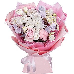 Baltica White Spray Chrysanthemum - 1, Athos poms Stallion - 2, lisianthus - 2, Pink rose 50 cm - 1, Eucalyptus Cinerea, Cotton bud, Wrapping Paper