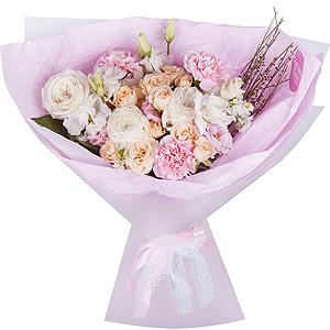 White rose 50 cm - 4, Ranunculus White - 1, Pink carnation - 5, Spray rose: white, cream, light pink 50 cm - 3, lisianthus - 2, Pink Lisianthus (Eustoma) - 1, Genista, Wrapping Paper