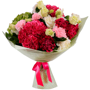 Pink Hydrangea - 2, Carnation red - 6, lisianthus - 4, Pink carnation - 4, Carnation white, cream - 4, Green Hydrangea - 2, Ruscus, Felt, Ribbon