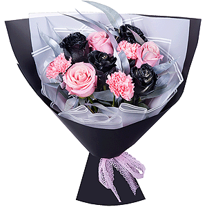 Rose black - 5, Pink rose 50 cm - 4, Pink carnation - 7, Eucalyptus, Wrapping Paper