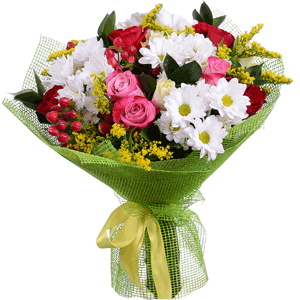 Rose 40 cm - 17, Bacardi White Spray Chrysanthemum - 6, Hypericum, Solidago (1 pc.), Ruscus, Jute 1 meter, Ribbon