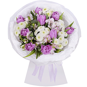 Хризантема кустовая Ньютон белая - 6, Тюльпан сиреневый - 17, Альстромерия сиреневая, фиолетовая - 6, Современная упаковка, Лента