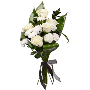 White rose 50 cm - 6, Carnation white, cream - 6, Baltica White Spray Chrysanthemum - 2, Aspidistra (1 pc.), Ruscus, Ribbon