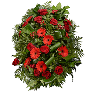 Gerbera red - 13, Red rose 50 cm - 16, Funeral wreath frame, Salal, Fern (1 pc.), Hypericum, Aspidistra (1 pc.)
