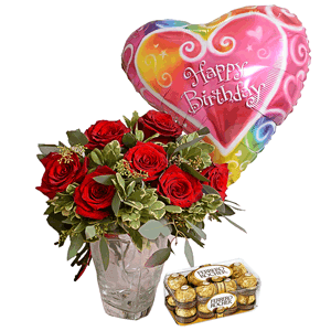 Red rose 50 cm - 11, Pittosporum, Eucalyptus populus (1 pc.), Ribbon, Candies 
