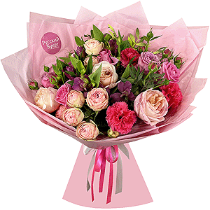 Pink rose 50 cm - 5, Peony rose pink 'OHara' - 4, Peony sprayrose - 4, Alstromeria lilac, purple - 4, Pink carnation - 3, Pistachio, Wrapping Paper, Ribbon