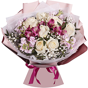 Alstromeria lilac, purple - 8, White rose 50 cm - 11, Gypsophila - 1, Matthiola Lilac - 4, Pistachio, Wrapping Paper, Ribbon