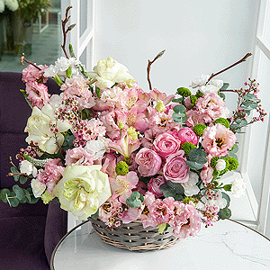 Alstromeria white, soft pink - 9, Spray peony rose Misty Bubbles, 50 cm - 3, Pink Lisianthus (Eustoma) - 5, Peony style roses - 3, White spray carnation - 12, Athos pom Feeling Green - 2, Small Basket, Oasis, Veronica spray, Waxflower (1 pc.), Artificial branch