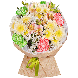 Baltica Yellow Spray Chrysanthemum - 3, Alstromeria white, soft pink - 3, Green carnation - 4, Orange carnation - 3, White statice, Wrapping Paper, Ribbon