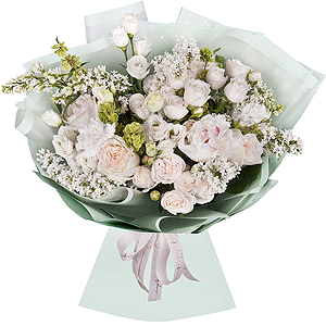 Peony white - 1, Peony style roses - 5, Peony sprayrose - 5, lisianthus - 3, Carnation white, cream - 6, White Lilac - 3, Wrapping Paper, Ribbon