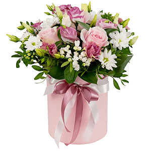 Pink rose 50 cm - 4, Pink Lisianthus (Eustoma) - 4, Santini White Spray Chrysanthemum - 2, Round flower box small , Oasis, Film, Pistachio, Ruscus,  Bouvardia, Ribbon