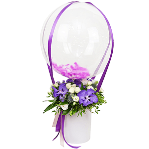 Vanda Orchid bud - 4, Spray rose: white, cream, light pink 50 cm - 6, lisianthus - 3, Round flower box small , Oasis, Film, Pistachio, Ruscus, Aspidistra (1 pc.), Flask for orchids, Eryngium, Blue Statice, Ribbon, Transparent balloon Bubble with filling