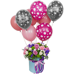 Deep Purple rose - 7, Spray rose: white, cream, light pink 50 cm - 10, Pink carnation - 4, Irises - 4, Athos pom Feeling Green - 3, Round flower box medium, Oasis, Film, Pistachio, Blue Statice, Helium Balloon (1 pc.), Ribbon