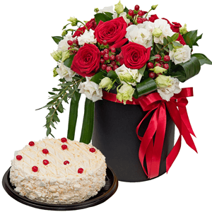 Red rose 50 cm - 12, lisianthus - 7, Round flower box medium, Oasis, Film, Ruscus, Aspidistra (1 pc.), Hypericum, Eucalyptus parvifolia (1 pc.), Cake in assortment, Ribbon